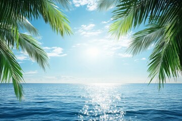 Fototapeta premium A serene view of the ocean with the sun shining brightly, framed by lush palm leaves, perfect for a peaceful and tropical escape mood. Ideal for relaxation-themed projects.