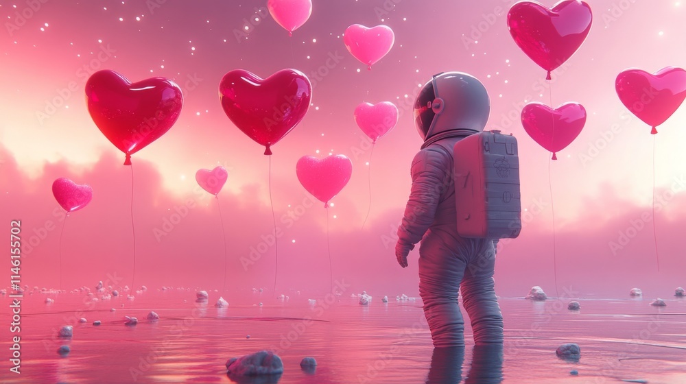 Poster An astronaut stands in a calm body of water, gazing at numerous pink hearts floating in the air. The backdrop features a mesmerizing twilight sky, creating a dreamlike and whimsical atmosphere.