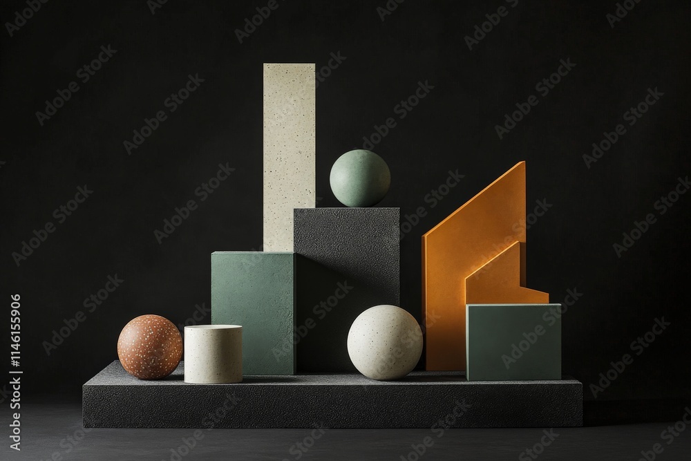 Aufkleber An array of vibrant abstract shapes positioned on a dark textured surface, showcasing intriguing contrasts and emphasizing creative geometric artistry.