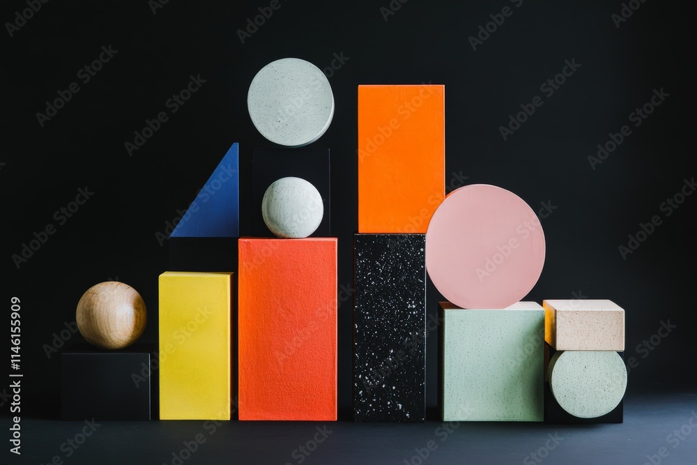 Poster Brightly colored geometric forms arranged in a bold and lively composition against a dark background, offering a striking visual contrast and dynamic balance.