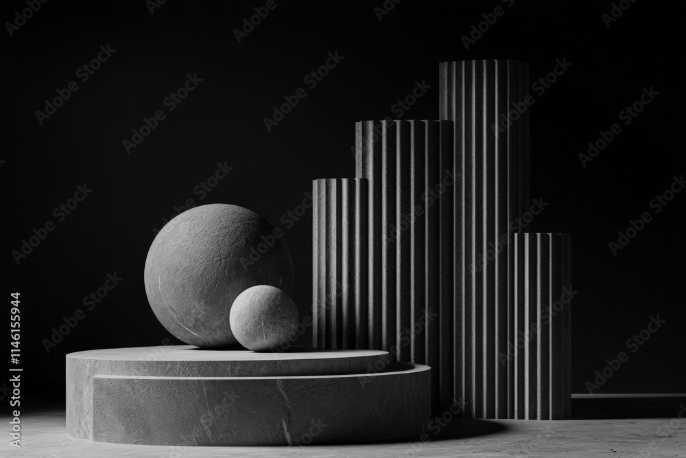 Aufkleber sculptural monochrome forms featuring round and cylindrical shapes stand prominently against a dark 