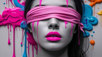 A black and white portrait of a young woman with a pink blindfold, pink lips and paint stains. Abstract thinking