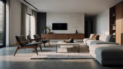Contemporary living room with light grey sectional sofa, wooden chairs, coffee table, flat-screen TV, and wooden media console. Neutral color palette with wooden accents and large windows.