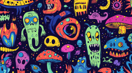 Colorful collection of whimsical monsters and creatures on a dark background