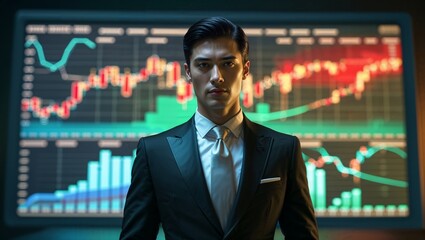 The businessman is in a bad mood, in the office against the background of the stock market index and charts. The collapse of stock exchanges and the economy