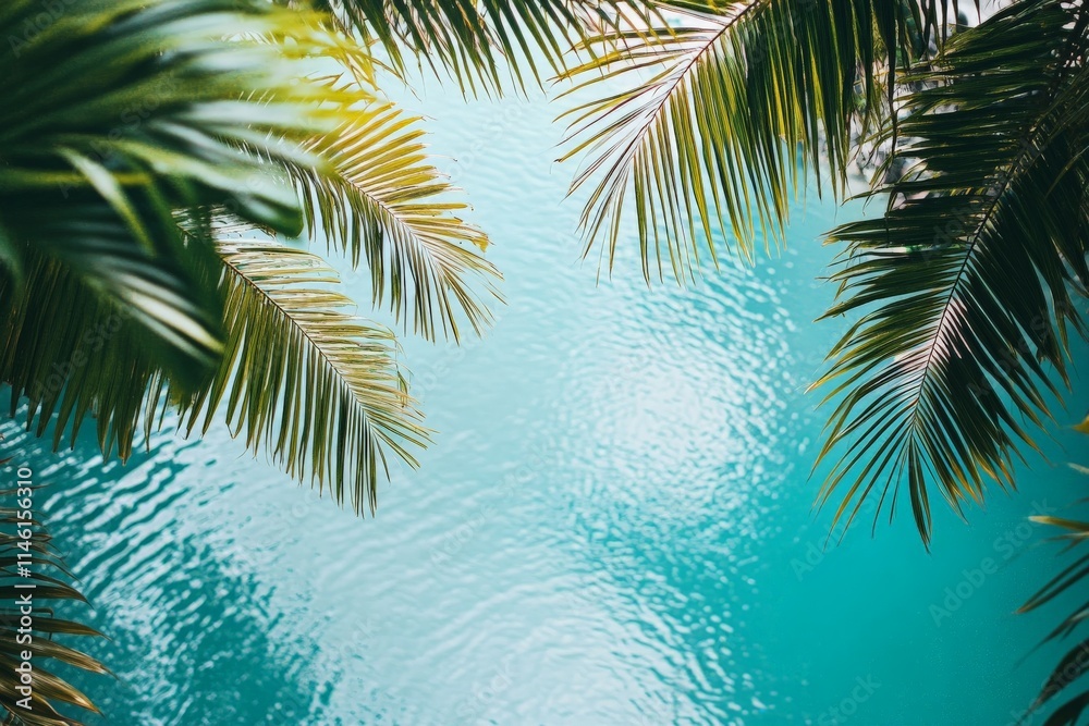 Aufkleber a stunning view of tropical turquoise water through a canopy of lush palm leaves, creating a serene 