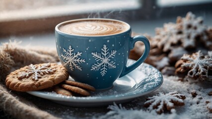A blue steaming cup of hot coffee, cookies with snowflakes. Winter mood. Postcard