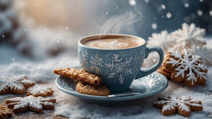 A blue steaming cup of hot coffee, cookies with snowflakes. Winter mood. Postcard