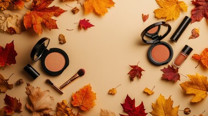 A stylish autumn makeup collection on a beige background with fallen autumn leaves, showcasing warm, rich makeup products ideal for the fall season, photographed in 4K detail