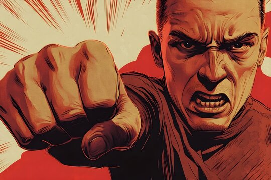 A man is punching a red fist with a red background