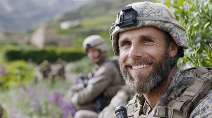 Fototapeta premium A smiling bearded soldier in camouflage uniform and helmet stands outdoors with a fellow service member in the background.