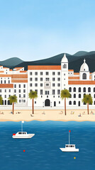 Naklejka premium Coastal Town Illustration, Summer Beach Scene