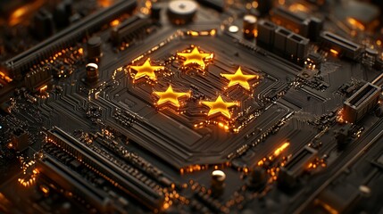 Digital Constellation Networks, Data Integration, Connectivity. Glowing Stars On Circuit Board