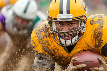 American football player gripping the ball, wearing a jersey and helmet