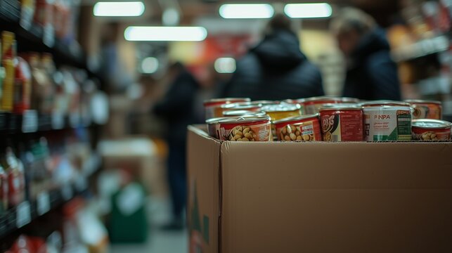 Cardboard box with canned food in a warehouse, symbolizing humanitarian aid distribution.