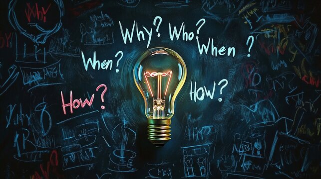 A glowing light bulb surrounded by questions symbolizes inquiry and discovery.