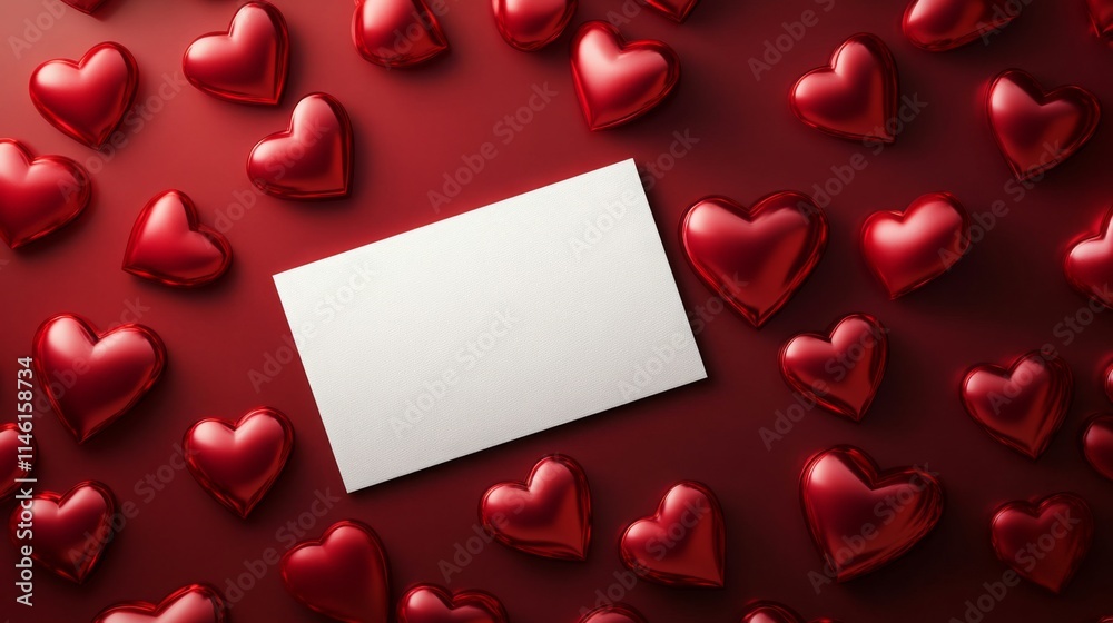Aufkleber A collection of shiny red heart shapes fills the space around a blank white card. This setup creates an inviting atmosphere for sharing messages of love and affection.