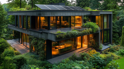 Obraz premium Modern House with Rooftop Solar Panels Surrounded by a Lush Green Garden for Eco-Friendly Architecture