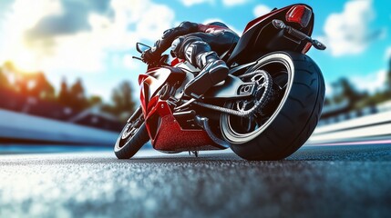 Fototapeta premium Rear perspective of a red motorcycle speeding through a racetrack curve