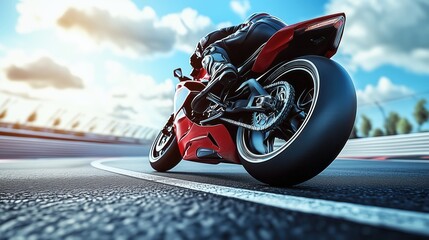 Low-angle view of a red sports motorcycle leaning into a racing curve