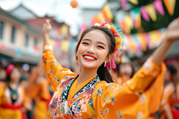 Fototapeta premium Woman wearing traditional attire and a floral headpiece, dancing and smiling at a colorful cultural festival