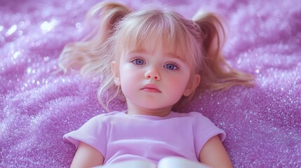Fototapeta premium Adorable child lying on sparkling pink blanket with curious expression