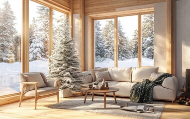 A Scandinavian-inspired living area featuring a frosted Christmas tree and natural wood accents
