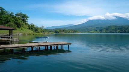 Serene Lakeside View With Boats And Mountain Background
