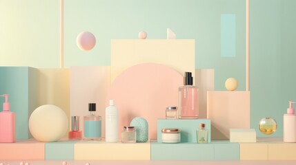 Modern beauty and skincare products on pastel shelves