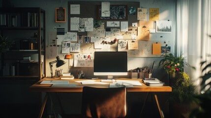Designer office filled with mood boards, creative sketches, and a modern workspace, all captured with crisp 4K focus and natural lighting