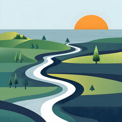 Abstract Landscape Illustration Sunset River