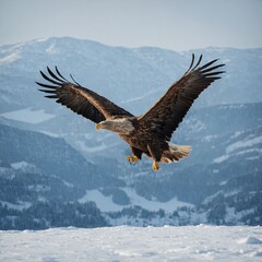 A white-tailed eagle flying low over a snowy blue landscape.