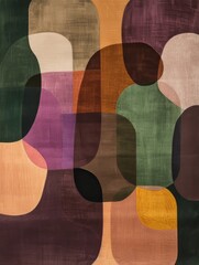 An arrangement of rounded, vertical shapes in various colors, including shades of brown, beige, green, and purple