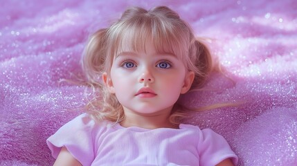 Fototapeta premium Adorable child with blond hair and blue eyes on soft sparkling pink blanket