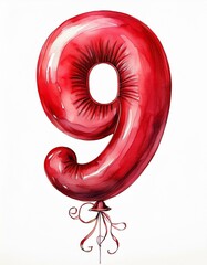 Red birthday / anniversary balloon, number 9, watercolor painting with white background