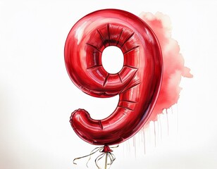 Red birthday / anniversary balloon, number 9, watercolor painting with white background