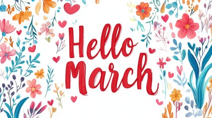 Vibrant and Cheerful Hello March Greeting Card Design Featuring Colorful Flowers and Whimsical Floral Elements Perfect for Celebrating the Arrival of Spring Season