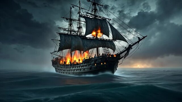 Pirate ship burning in the ocean