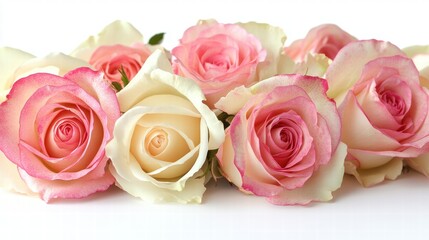 Fototapeta premium Beautiful arrangement of fresh pink and cream roses on a white background, ideal for celebrating love, romance, and special occasions in photography projects.