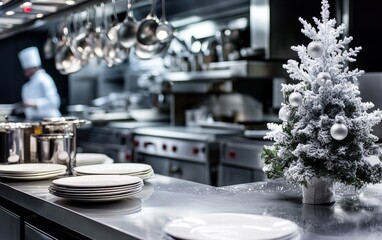Fototapeta premium A sleek restaurant kitchen with a frosted Christmas tree in the corner, surrounded by professional stainless steel cookware and elegant chefâ???s plates