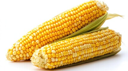 Fresh and Juicy Yellow Corn Ears with Green Husk Isolated on a White Background, Perfect for Cooking and Food Photography