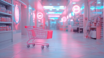 Empty Shopping Cart in a Colorful Supermarket Aisle with Neon Lights and Shelves Filled with Products, Creating a Modern Shopping Atmosphere