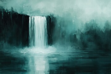 Serene Waterfall Surrounded by Misty Forest in Abstract Art Style, Evoking Tranquility and Calmness in Shades of Teal and Aqua, Perfect for Home Decor and Wellness Themes