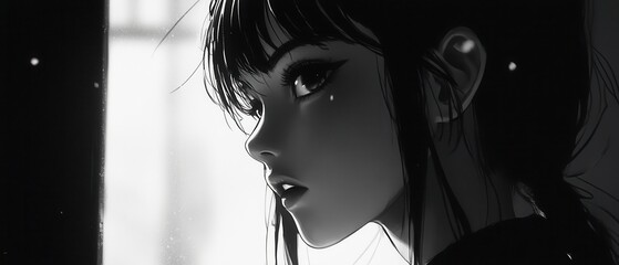 Powerful monochrome portrait of a woman with intense expression and detailed features in a soft light setting