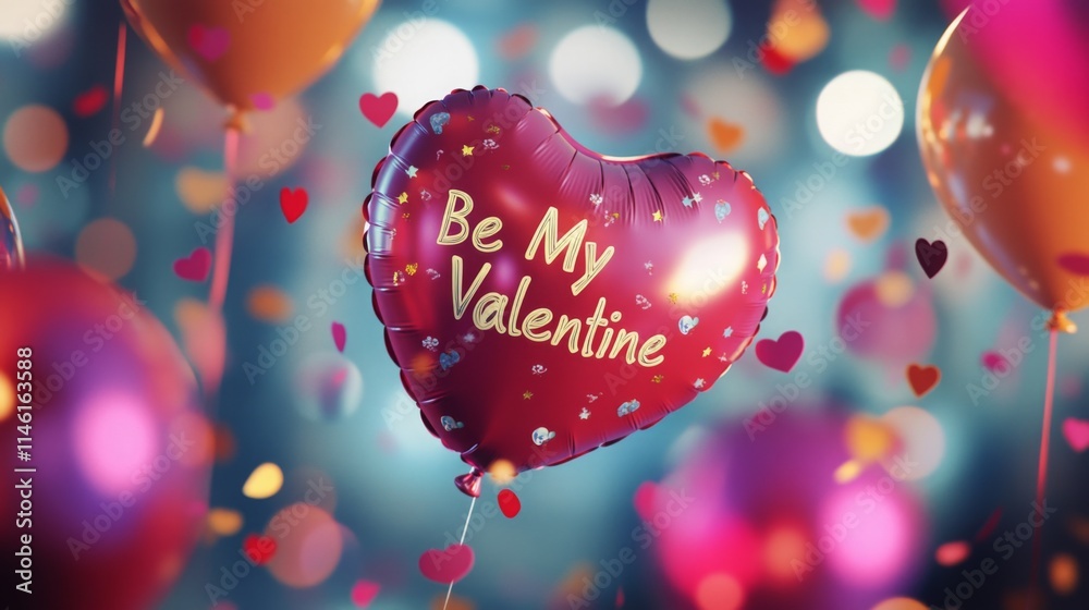 Poster a festive display features a shiny heart-shaped balloon with the text 'be my valentine' prominently 