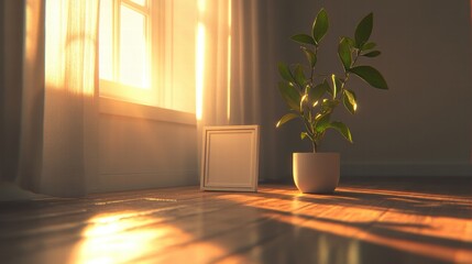Soft Morning Light Illuminates a Potted Plant Next to an Empty Picture Frame in a Cozy Indoor Space, Creating a Tranquil and Inviting Atmosphere
