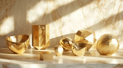 Obraz premium Gold objects of various shapes, including artistic sculptures and smooth ingots, lit with a soft light on a marble surface, photographed in 4K clarity