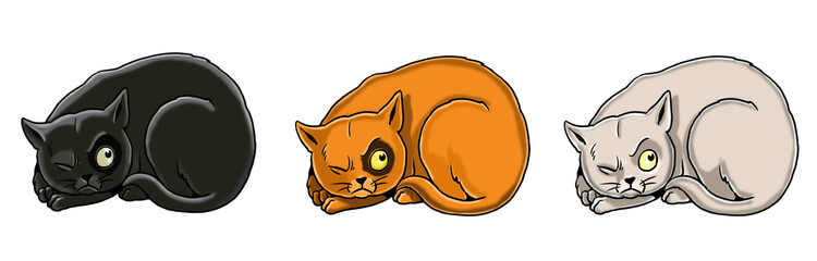 Set of funny cartoon cats. Cartoon animal characters. Handmade drawing.	