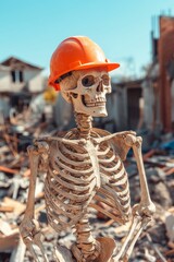 Skeleton Foreman With Hard Hat Inspects Progress On Construction Site. Surreal Concept