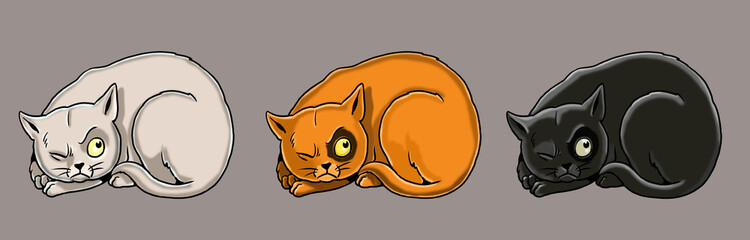 Set of funny cartoon cats. Cartoon animal characters. Handmade drawing.	